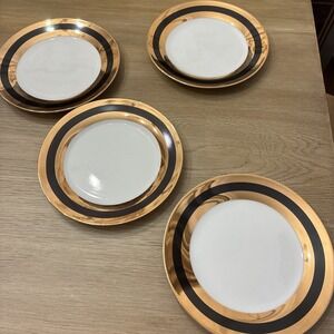 I. Godinger & Co Black & Gold Stripe Porcelain Dessert Plates Set of 4